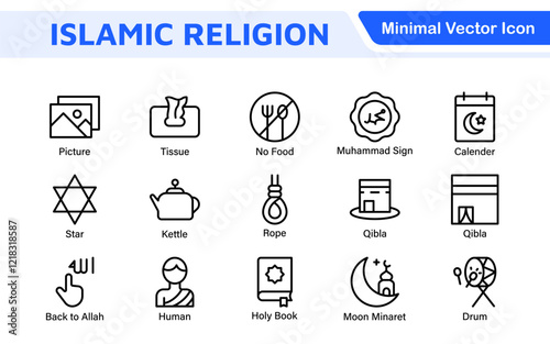 Islamic Icon Set. A beautifully crafted collection of icons reflecting Islamic culture and traditions, educational materials, apps, and websites, and Islamic community.