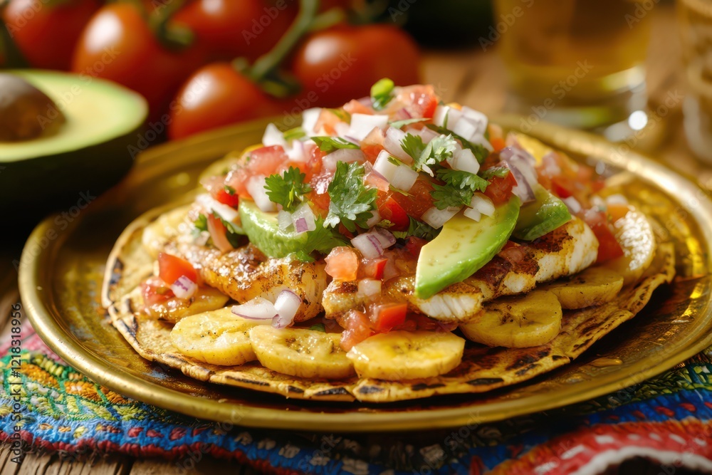 Fototapeta premium Grilled Fish Tostada with Plantain Avocado Salsa and Cilantro Garnish