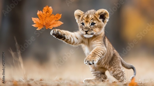 A baby lion cub playfully swatting at a fallen leaf, its curiosity shining through in the soft lighting.