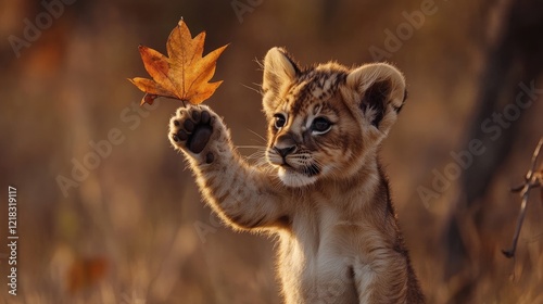 A baby lion cub playfully swatting at a fallen leaf, its curiosity shining through in the soft lighting.