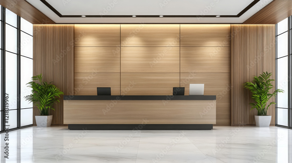 Fototapeta premium Modern reception area with wooden paneling and sleek design, featuring minimalist front desk, potted plants, and large windows for natural light
