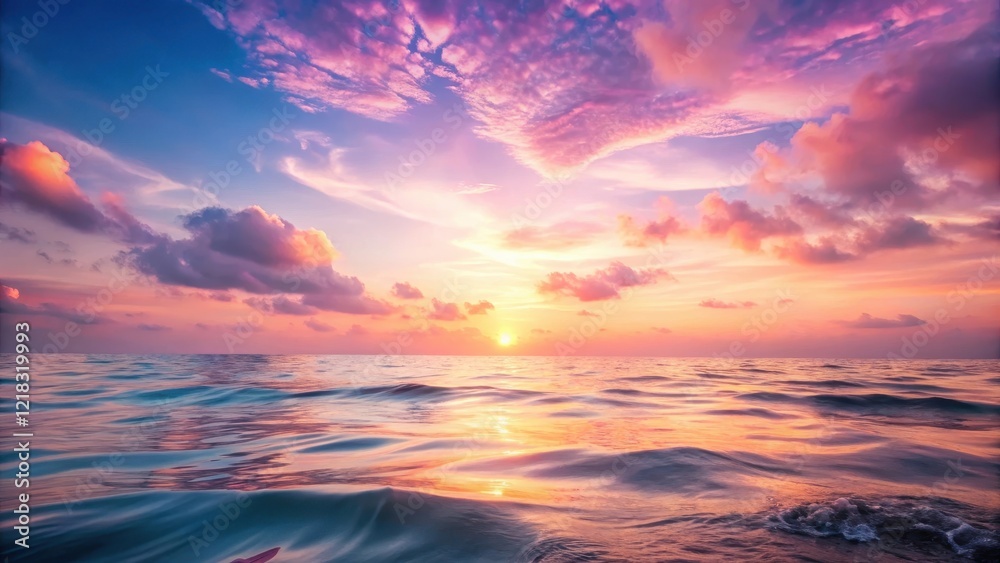 Fototapeta premium Soft pink hues of abstract sunrise sky with gentle waves in ocean background