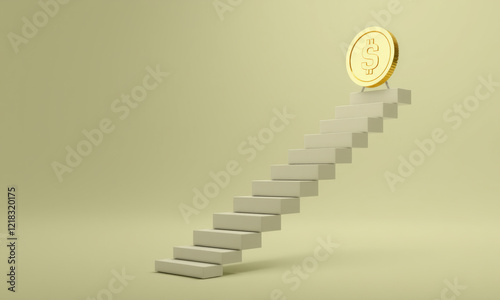 golden coin sits atop staircase, symbolizing financial success and growth. minimalist design emphasizes journey towards wealth and achievement