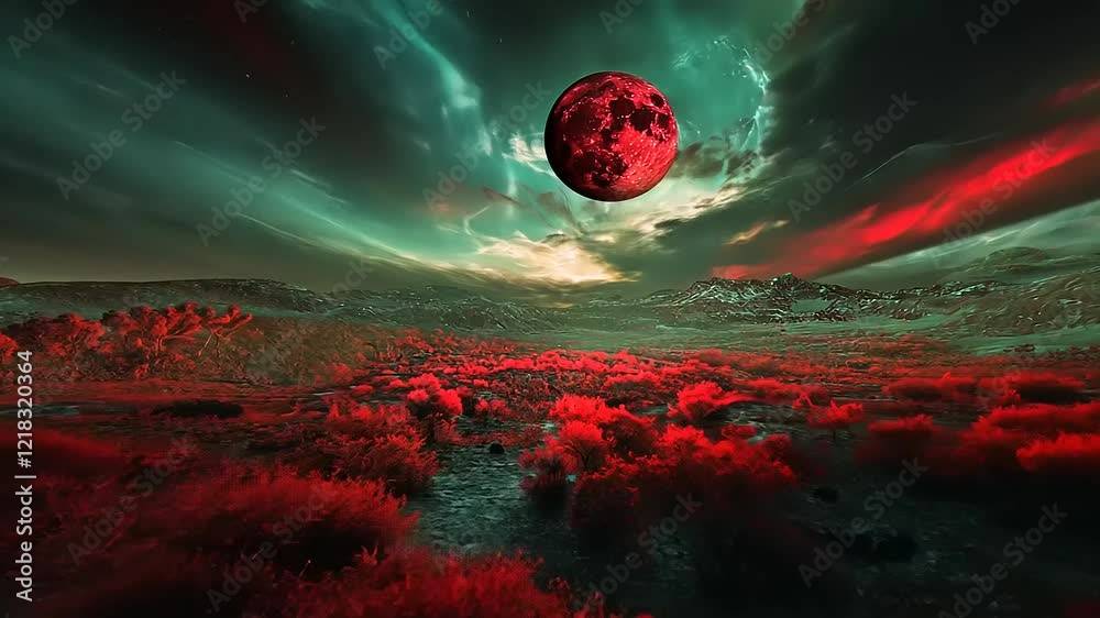 Crimson Landscape Under a Blood Red Moon and Emerald Sky