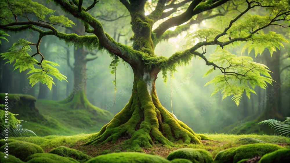 Fototapeta premium Enchanted Forest Scene Moss-Covered Tree with Swing and Sunbeams Piercing Through Canopy