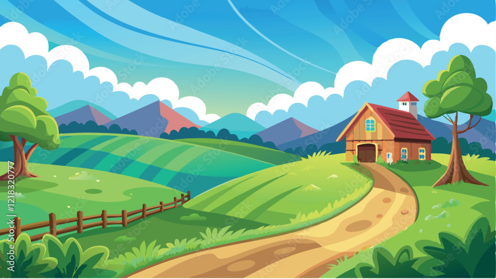 Fototapeta premium Lush Green Countryside Scene - Rolling Hills, Dirt Path, and Wooden Farmhouse