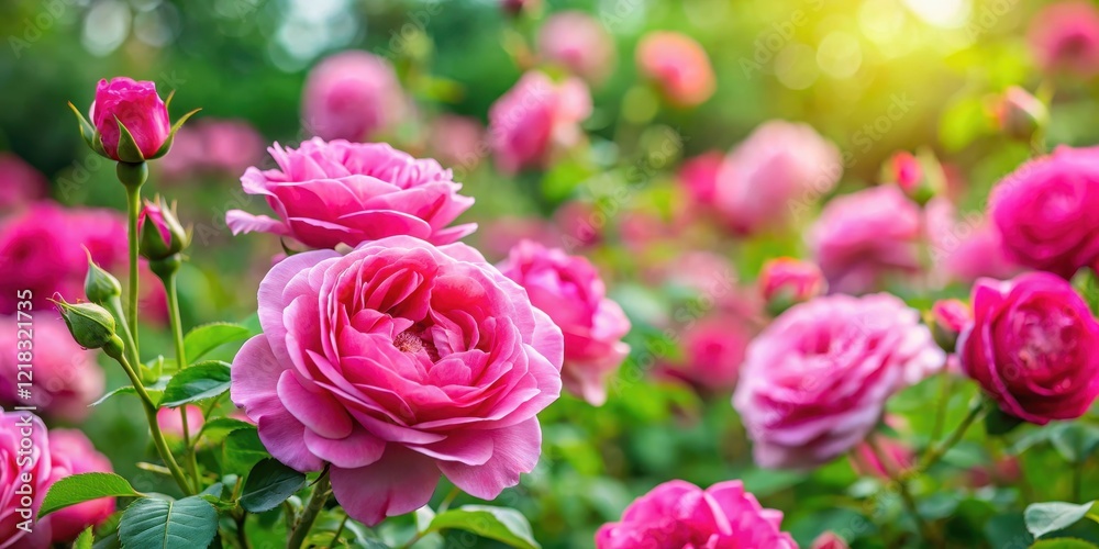 Vibrant Pink Roses Blooming in a Green Garden, lush greenery, floral arrangement Vibrant Pink Roses Blooming in a Green Garden, lush greenery, floral arrangement