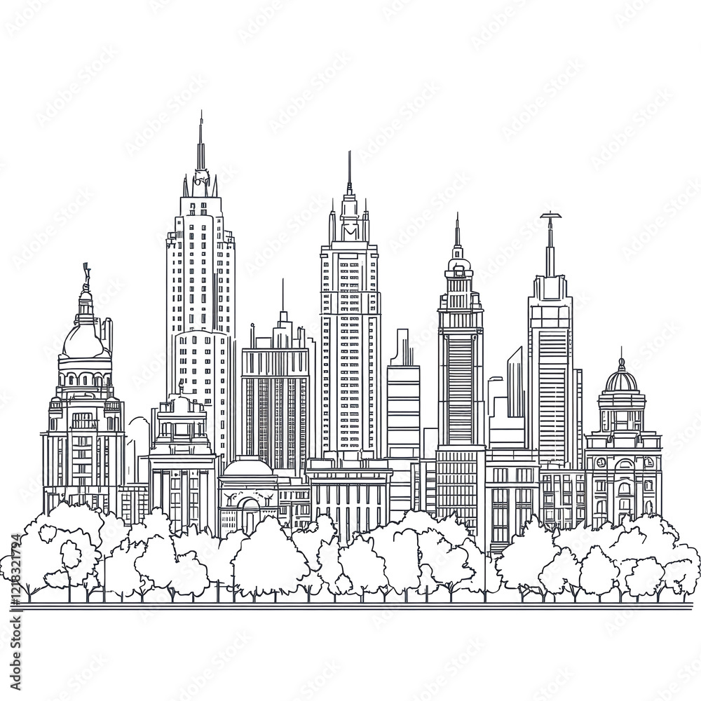 Fototapeta premium Cityscape Skyline Modern Buildings Trees Night View