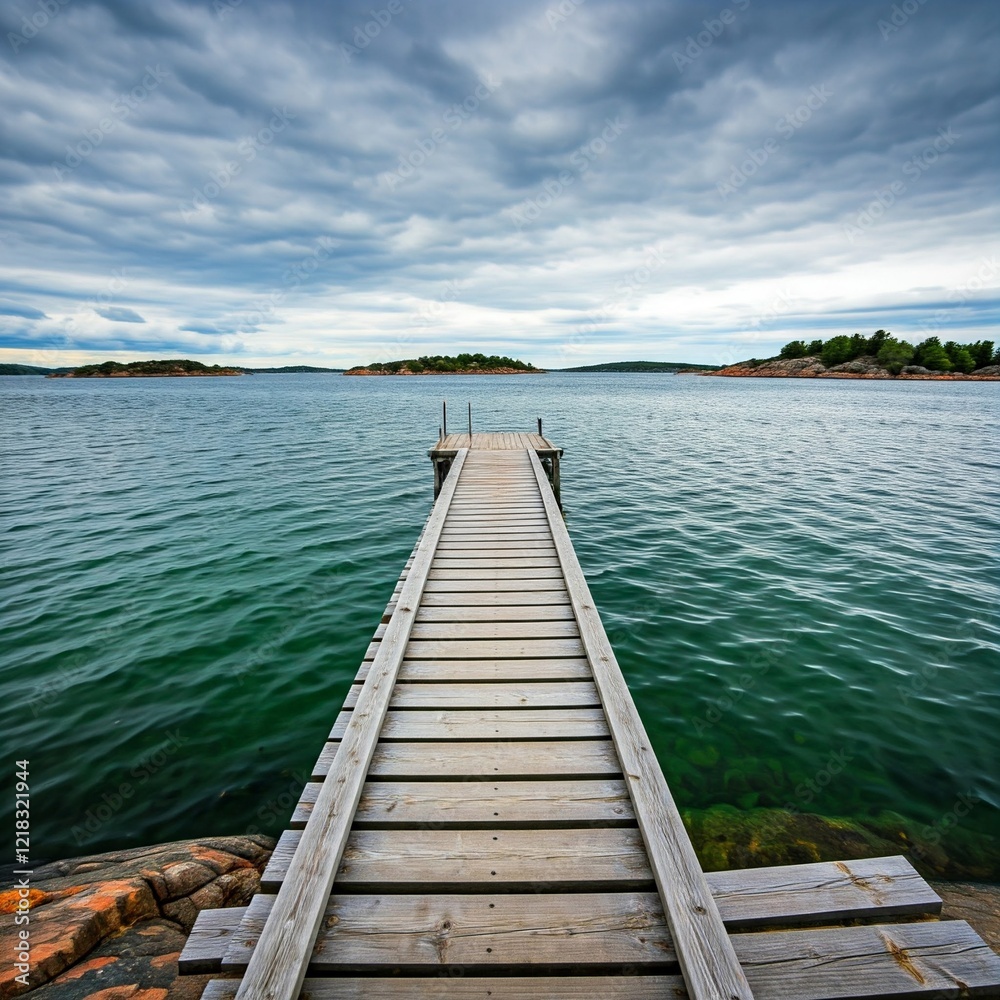 Obraz premium The rustic charm of a wooden pier in Stockholm’s archipelago, surrounded by emerald-green waters. 