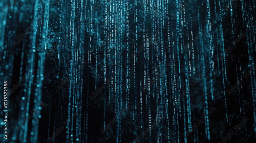 Digital binary code streams cascading vertically on a gradient black-to-blue background, creating a Matrix-like effect. Digital binary code streams cascading vertically on a gradient black-to-blue background, creating a Matrix-like effect.