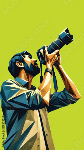 Portrait of a photographer pointing his camera upwards to photograph birds, bottom angle, in low poly style
