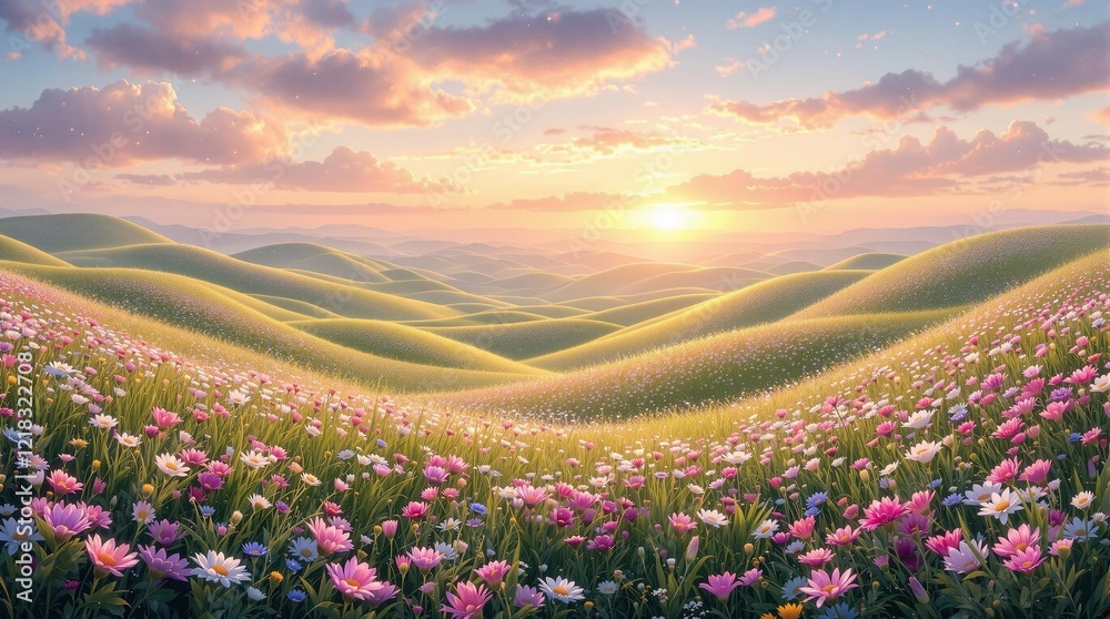 Fototapeta premium Enchanting Pastoral Fantasy: Golden Hour Hills and Blooming Wildflowers