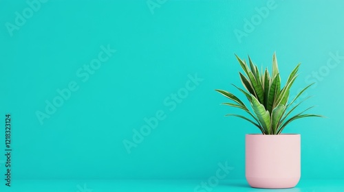 Pink Potted Plant Minimalist Scene - A single plant in a pink pot against a teal background symbolizes simplicity, growth, life, serenity, and home. photo