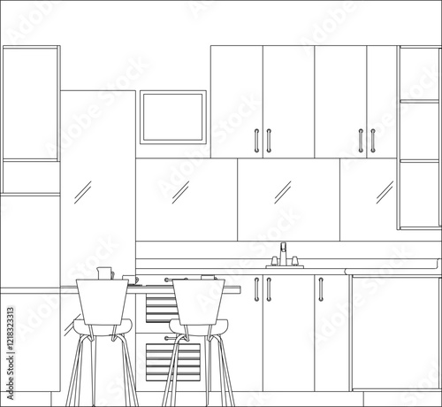 vector illustration design image of kitchen interior detail with kitchen set for cooking