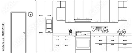 vector illustration design image of kitchen interior detail with kitchen set for cooking