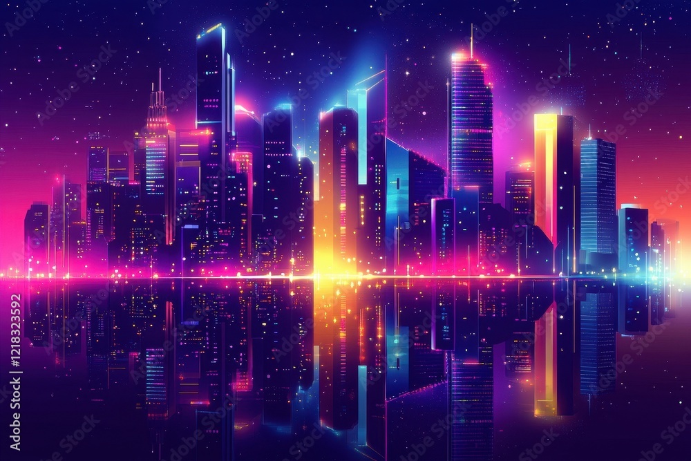Neon Cityscape Reflecting in Still Water at Night Neon Cityscape Reflecting in Still Water at Night