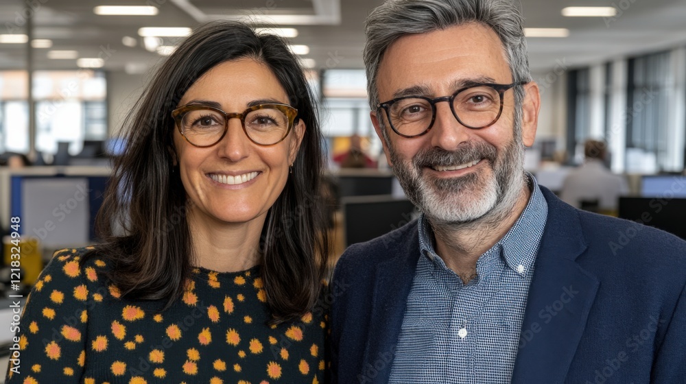 Professional Colleagues in Modern Office Setting Ready to Collaborate on Innovative Projects while Smiling for the Camera Professional Colleagues in Modern Office Setting Ready to Collaborate on Innovative Projects while Smiling for the Camera