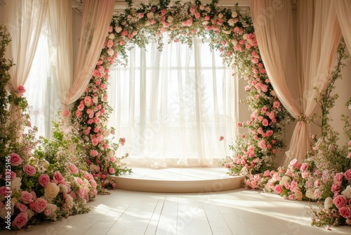 Romantic Floral Wedding Ceremony Decor with Pink Roses and Sheer Curtains