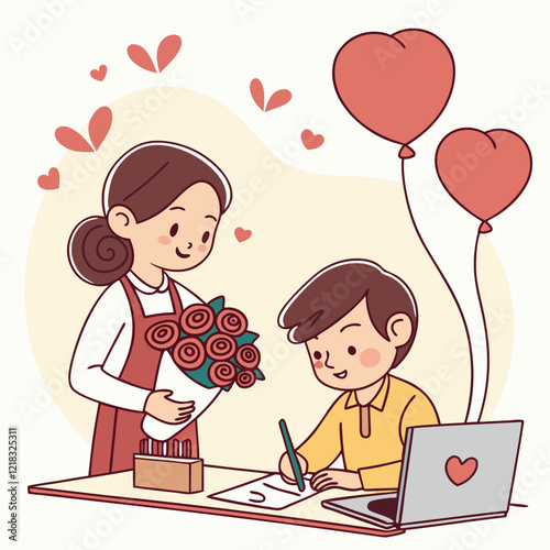 Valentine day girl and boy working