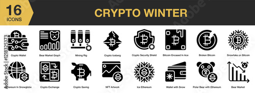 Crypto Winter solid icon set. Includes market, economy, financial, trade, electronic, virtual, and More. Solid icons vector collection.