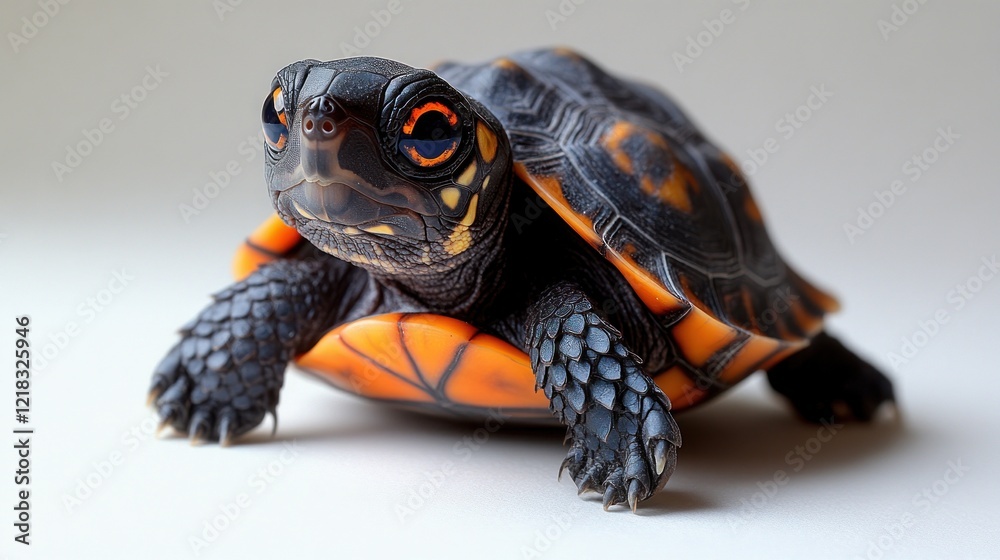 Obraz premium Cute baby turtle with orange and black shell, looking forward.