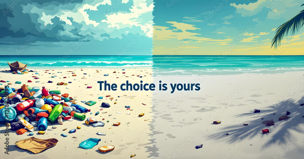 Obraz premium The choice is yours: Contrasting polluted and clean beaches to promote environmental responsibility