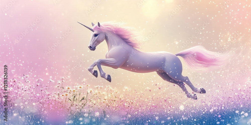 A Magical Unicorn Leaps Through A Field Of Flowers A Magical Unicorn Leaps Through A Field Of Flowers