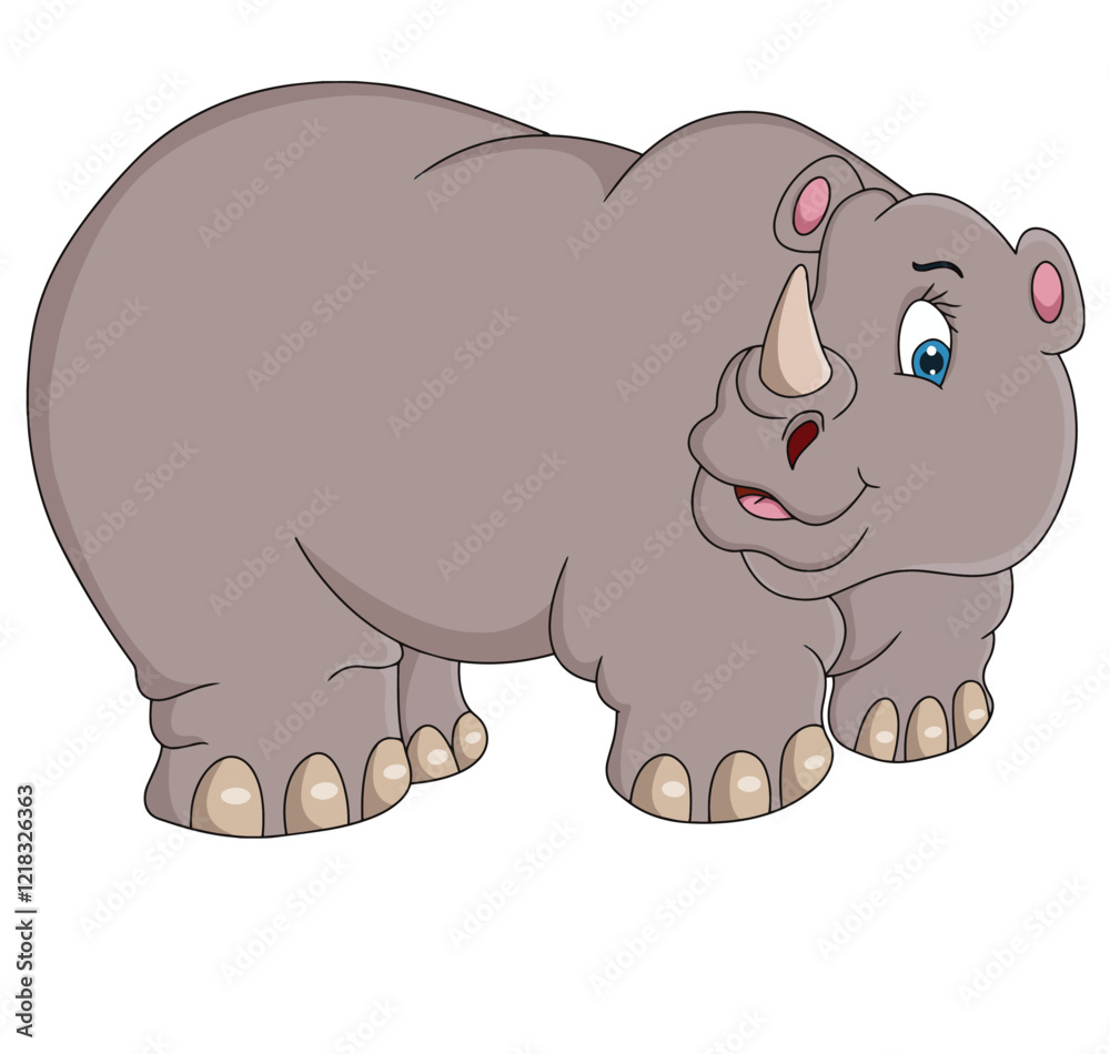 Fototapeta premium Cute cartoon hand drawn vector happy rhino standing clipart.