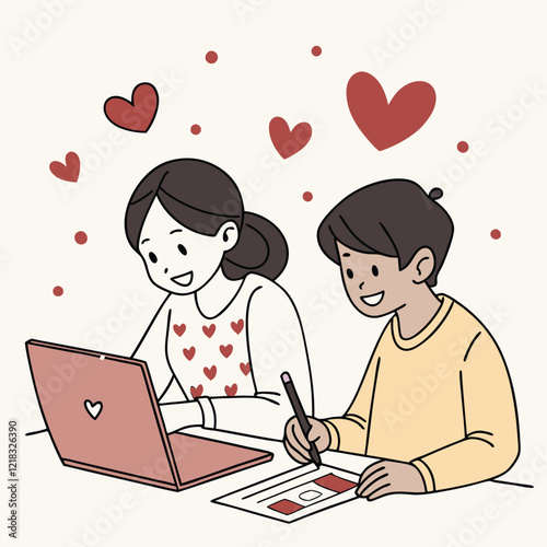 Valentine day girl and boy working