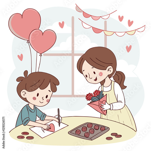 Valentine day girl and boy working