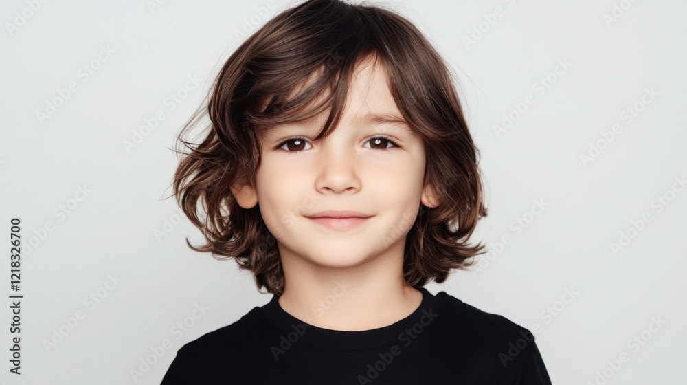 cheerful boy with shoulder length dark brown hair smiles against light background, showcasing his playful spirit and innocence cheerful boy with shoulder length dark brown hair smiles against light background, showcasing his playful spirit and innocence