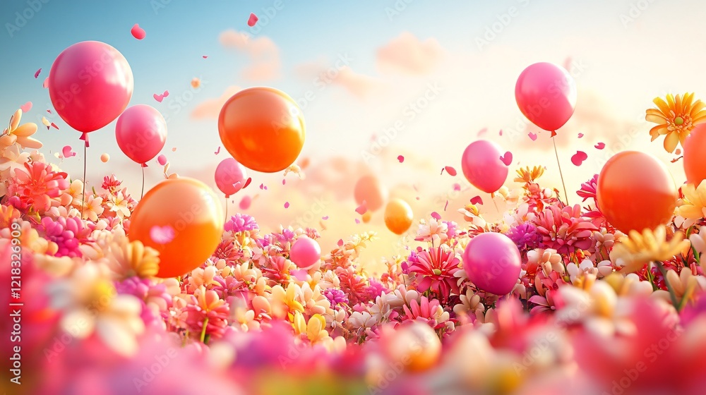 Colorful balloons floating over a blooming flower field at sunset