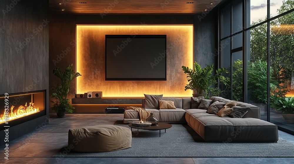 Fototapeta premium Cozy and Inviting Living Room Featuring a Large Plush Couch Surrounded by Warm Natural Light with a Beautiful Stone Fireplace Creating a Perfect Relaxation Space for Family Gatherings