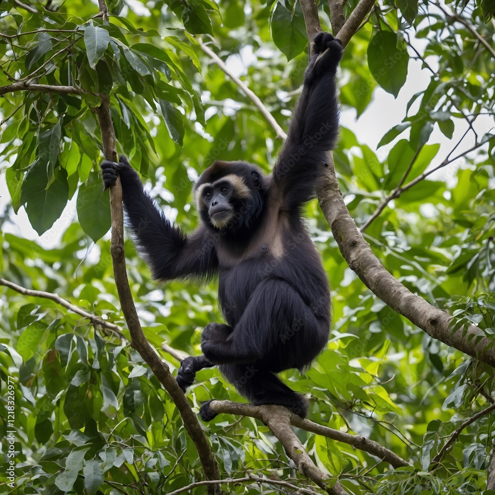 Naklejka premium Gibbon Foraging for Food: Agile Movements in the Lush Rainforest