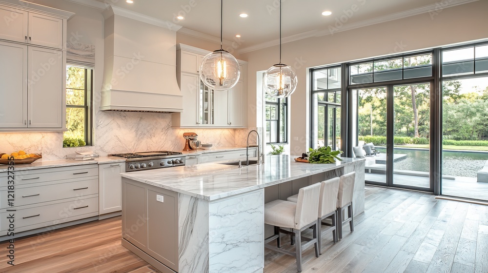 Fototapeta premium Bright and Inviting Kitchen with Spacious Marble Island Surrounded by Natural Light Streaming Through Large Window Creating a Warm and Contemporary Culinary Space for Entertaining
