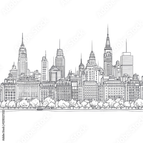 NYC Skyline Night Sketch Modern Cityscape Urban Art