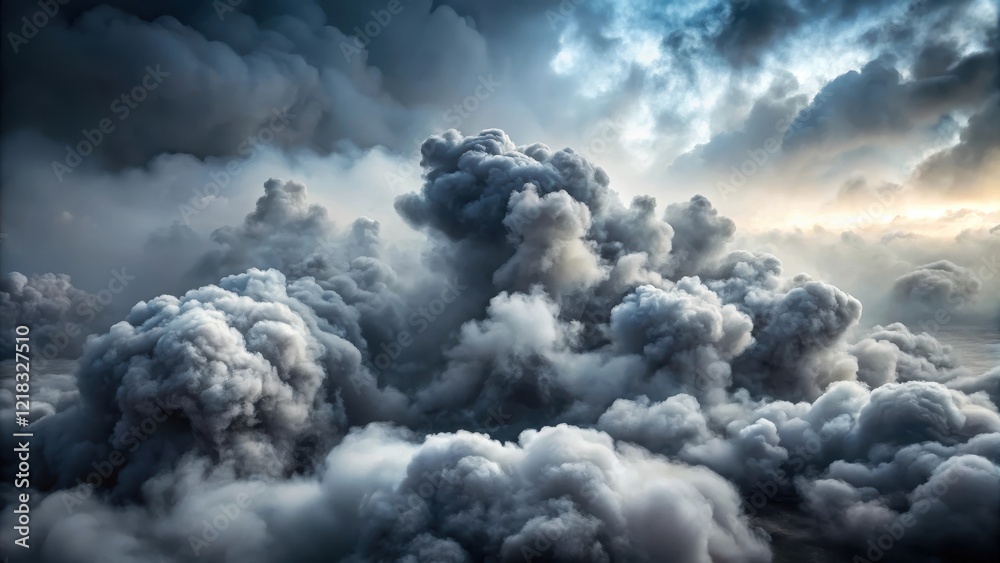 Naklejka premium Dense fog envelops the landscape creating a surreal atmosphere with huge smoke clouds on a gray sky background , haze, smoke