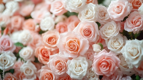 A delicate arrangement of soft pink and white roses creates a romantic backdrop with a dreamy bokeh effect, perfect for elegant designs.