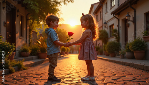 Childhood love sharing a rose on a quaint village street, first romance