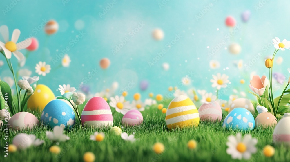 Fototapeta premium Colorful easter eggs lying in green grass with spring flowers