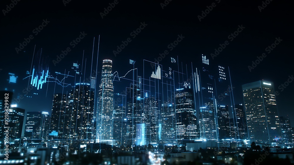 Naklejka premium Visualizing Urban Financial Growth Through Advanced Data Analytics in a Modern Skyline