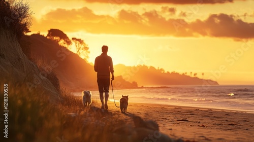 a person is walking with their dogs along a beach at sunset, conncetion between pets and humans, 16:9 photo