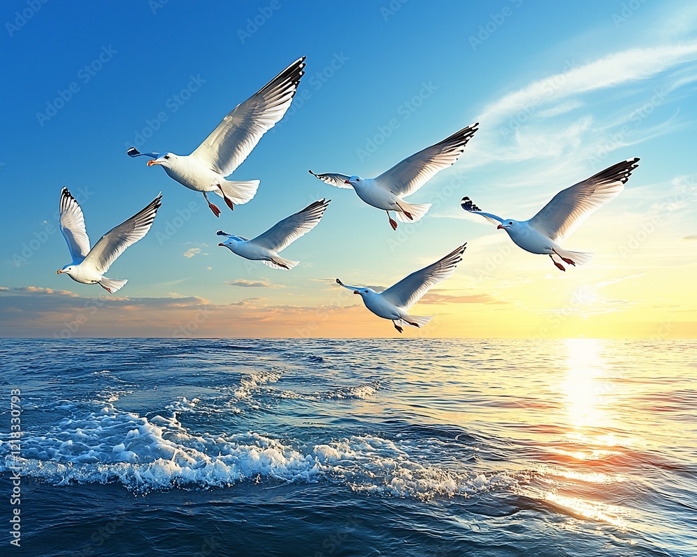 Fototapeta premium Seagulls flying over ocean at sunset. (1)