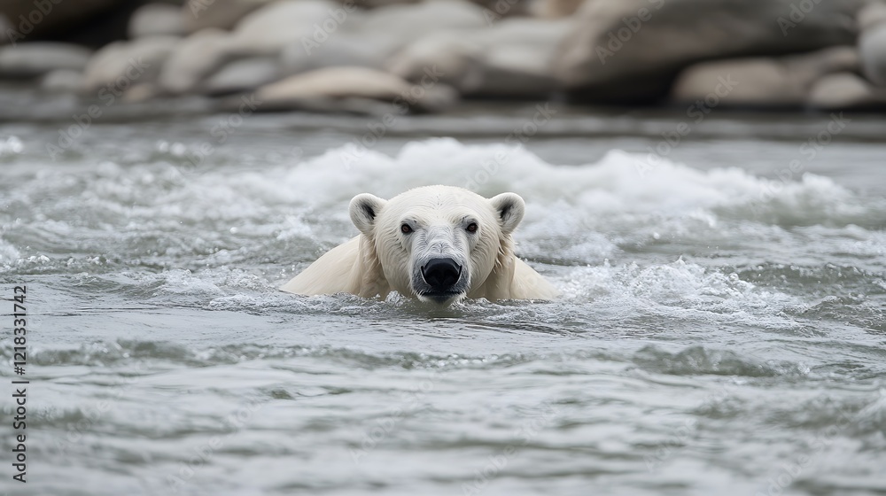 Polar Bear Swimming in Clear Water Surrounded by Natural Landscape Polar Bear Swimming in Clear Water Surrounded by Natural Landscape