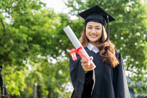 Happy asian woman in graduation costume with cap standing outdoor public park. College degree successful education graduation in university.