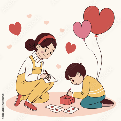 Valentine day girl and boy working