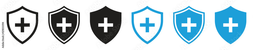 Obraz premium Medical health protection shield icon with plus sign. Vector illustration