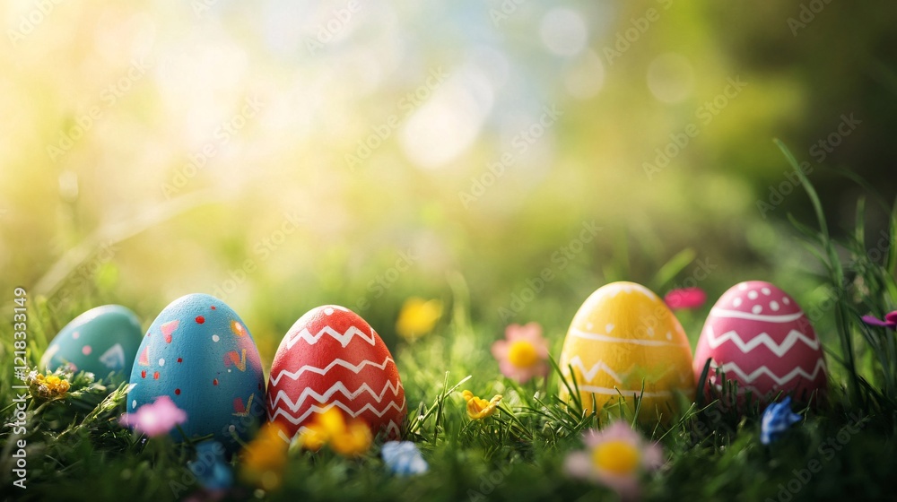 Colorful easter eggs hiding in green grass during a sunny day Colorful easter eggs hiding in green grass during a sunny day