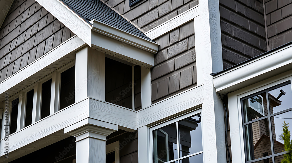Fototapeta premium Modern House Exterior: Grey Siding, White Trim, and Architectural Details