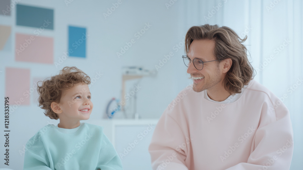 joyful moment between father and son, both smiling and enjoying each other company in bright, modern room. child wears light blue sweater, while father sports pastel pink outfit joyful moment between father and son, both smiling and enjoying each other company in bright, modern room. child wears light blue sweater, while father sports pastel pink outfit